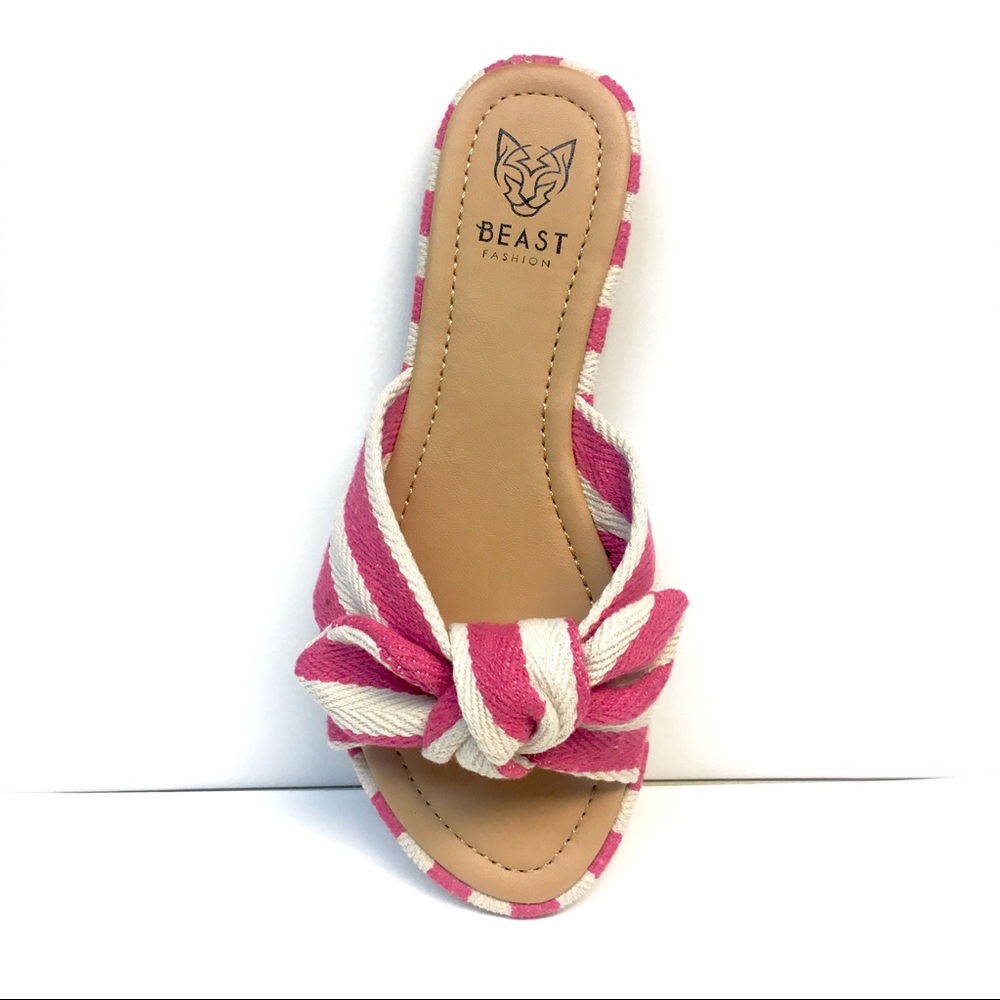 Retro Bow Striped Slip On Sandals- Pink